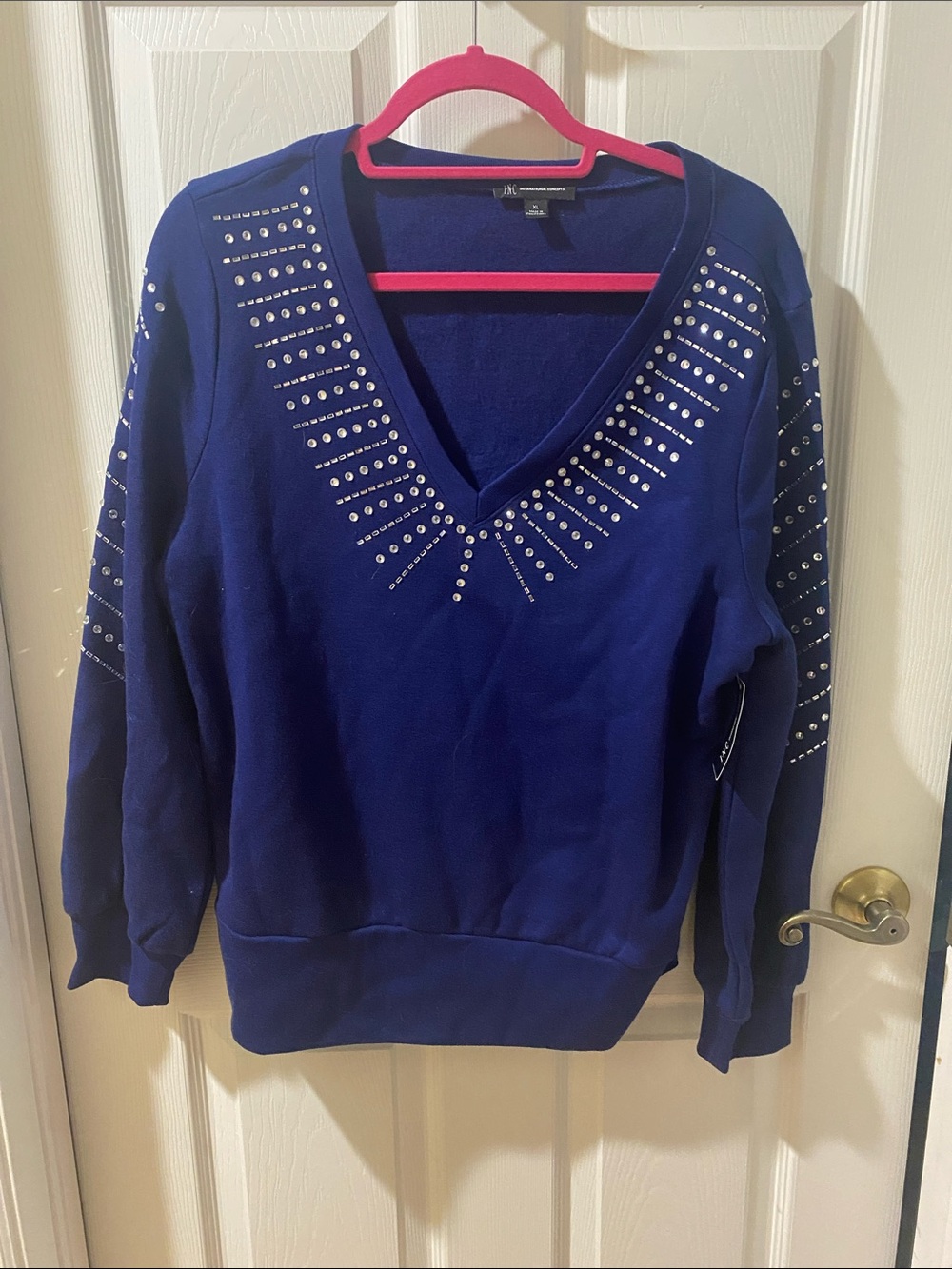 INC International Concepts Royal Blue V-Neck Sweater with Stud Detail